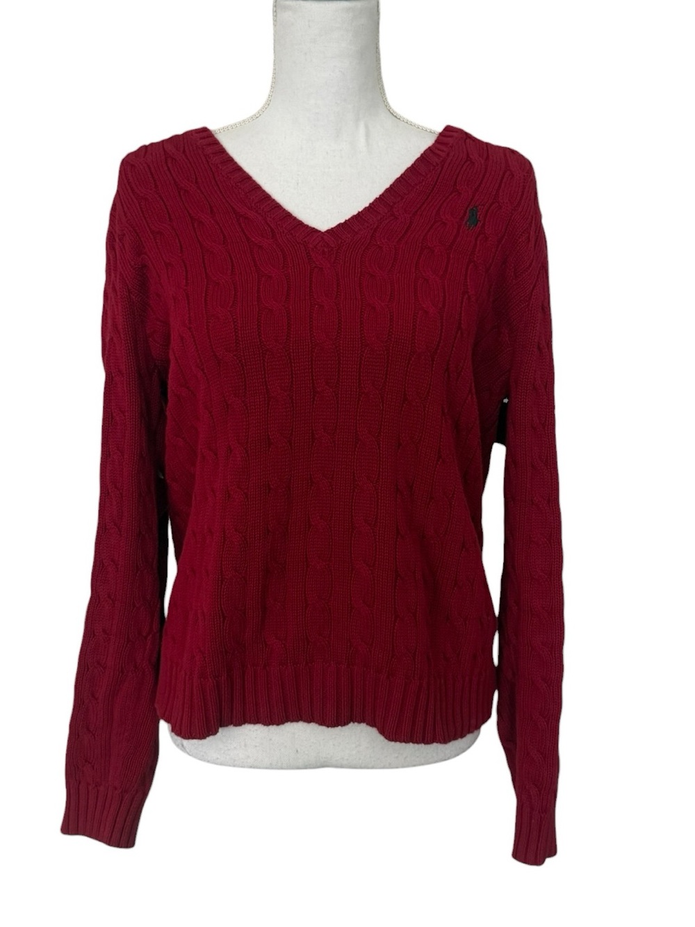 Ralph Lauren Women’s Burgundy Cable-Knit V-Neck Sweater